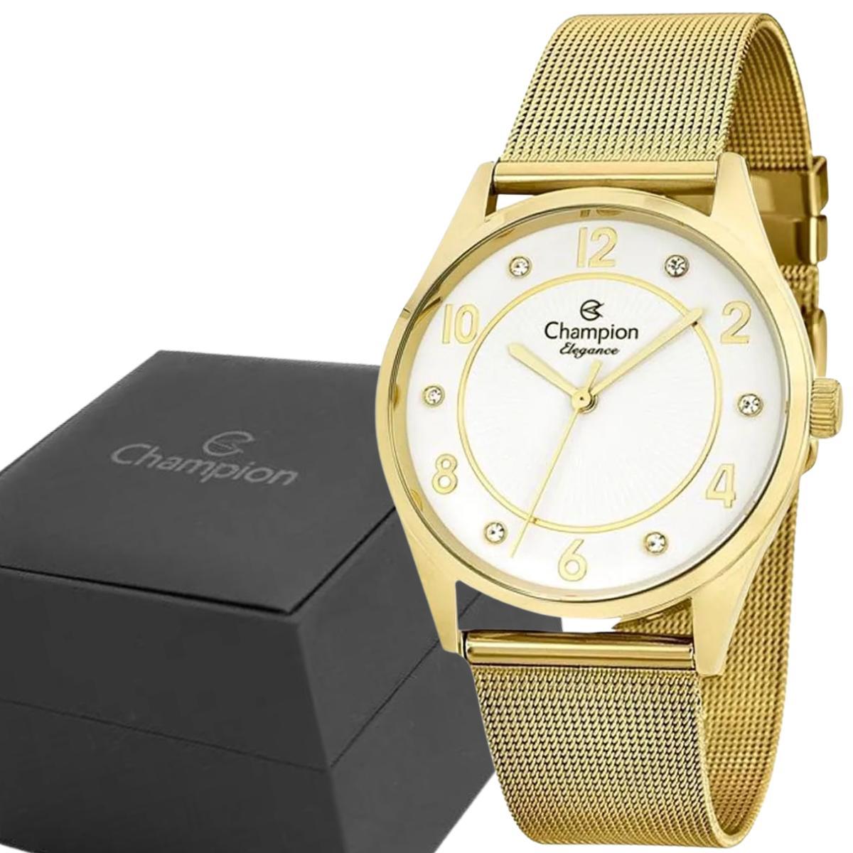 Relógio Feminino Champion Dourado Kit Colar e Brinco CN25690D
