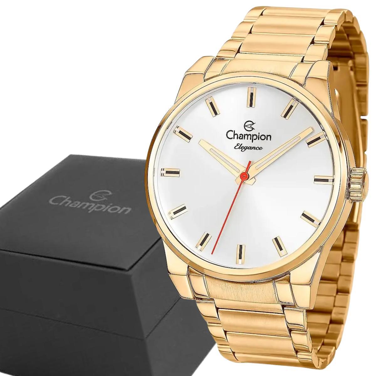 Relógio Feminino Champion Dourado Kit Colar e Brinco CN27590V