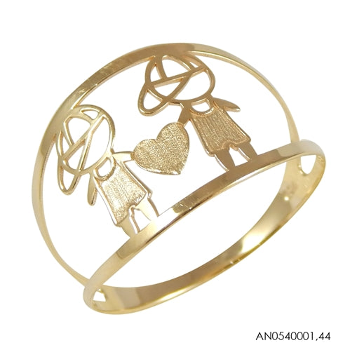 Anel Com Dois Meninos Dourado ouro 18k