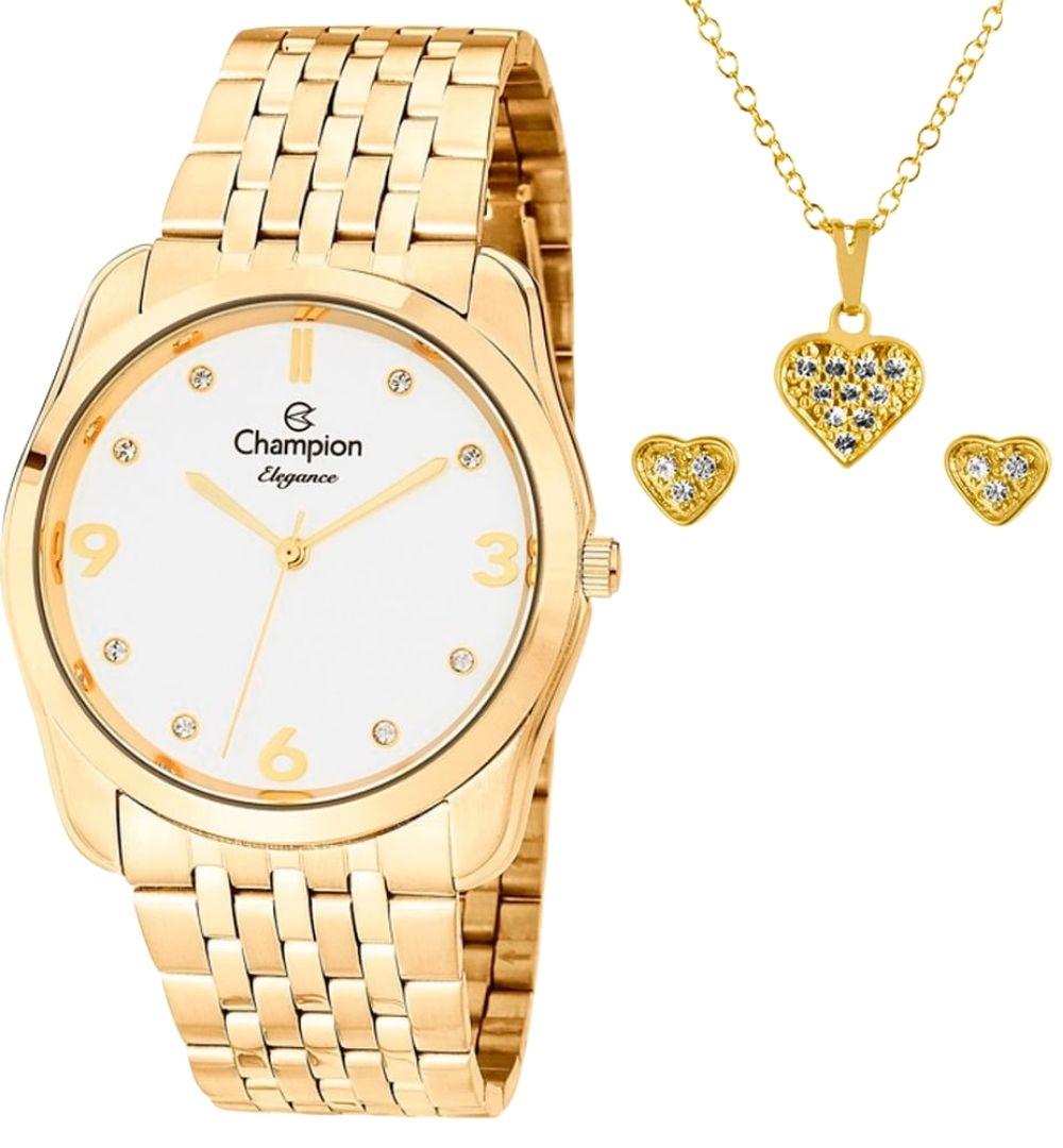 Relógio Feminino Champion Dourado Kit Colar e Brinco CN25341W